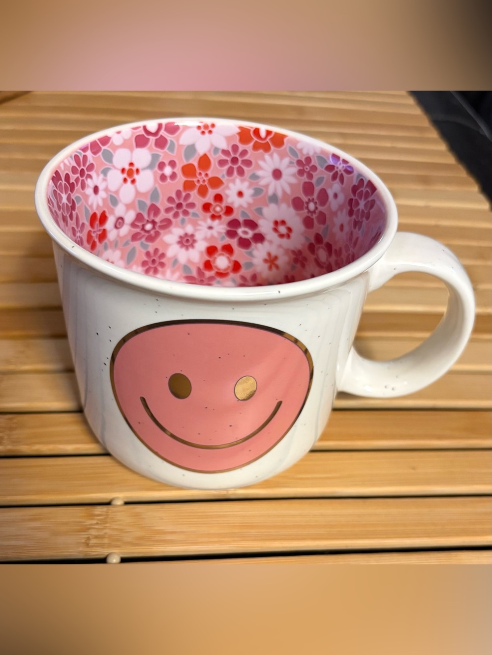 Oversized Pink /Gold Smiley Face Exterior and Floral Interior Ceramic Mug
